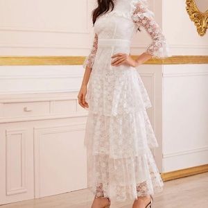 SHEIN ruffle trim lace dress white